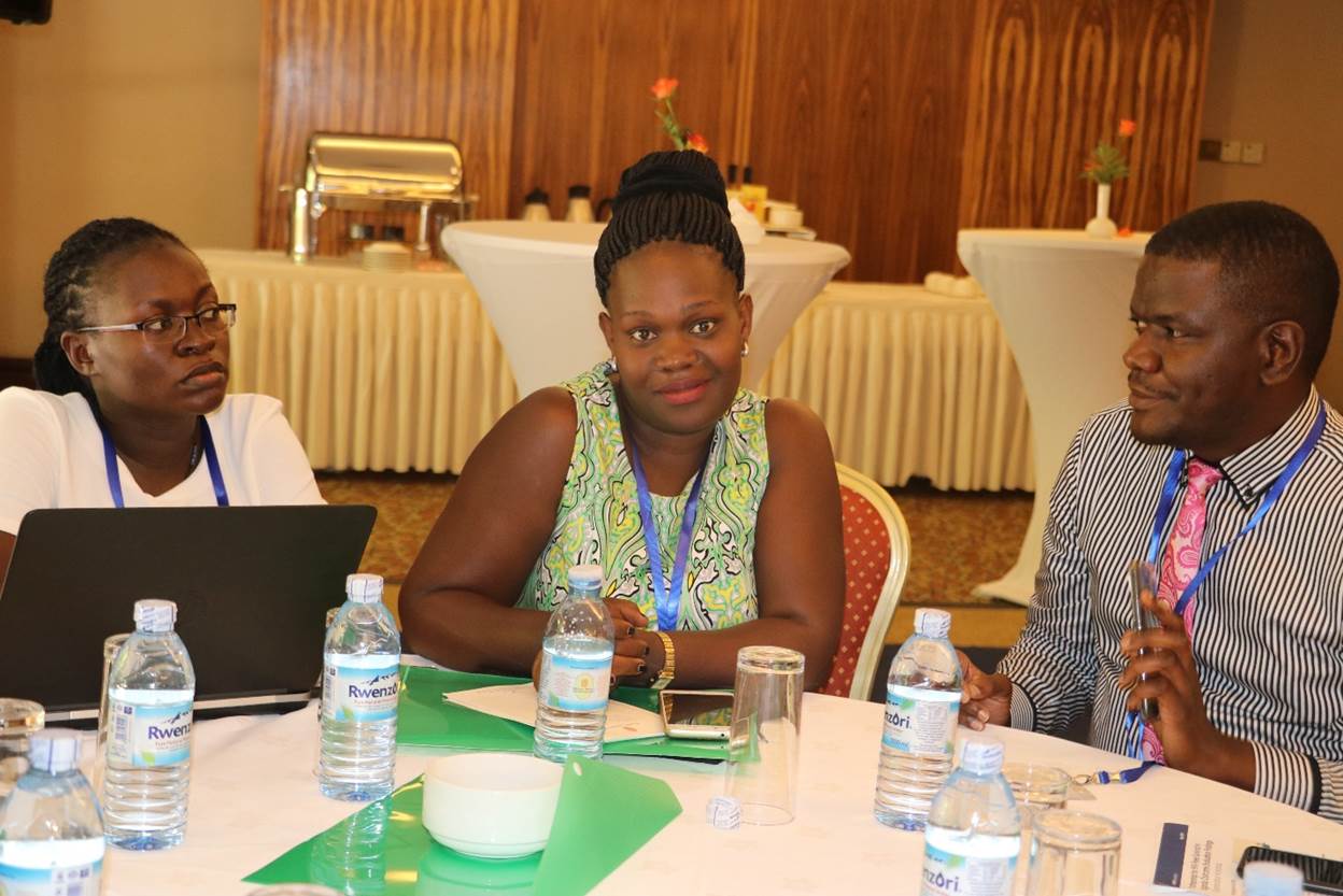 Steven Ssendagire, one of the study coordinators of the PHFS Evaluation study from MakSPH having a discussion with other participants at the dissemination workshop.
