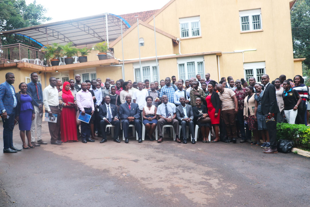 The students and staff pose at Resilient Africa Network (RAN, Makerere University) for a group photo after the orientation where they were tipped on career goal