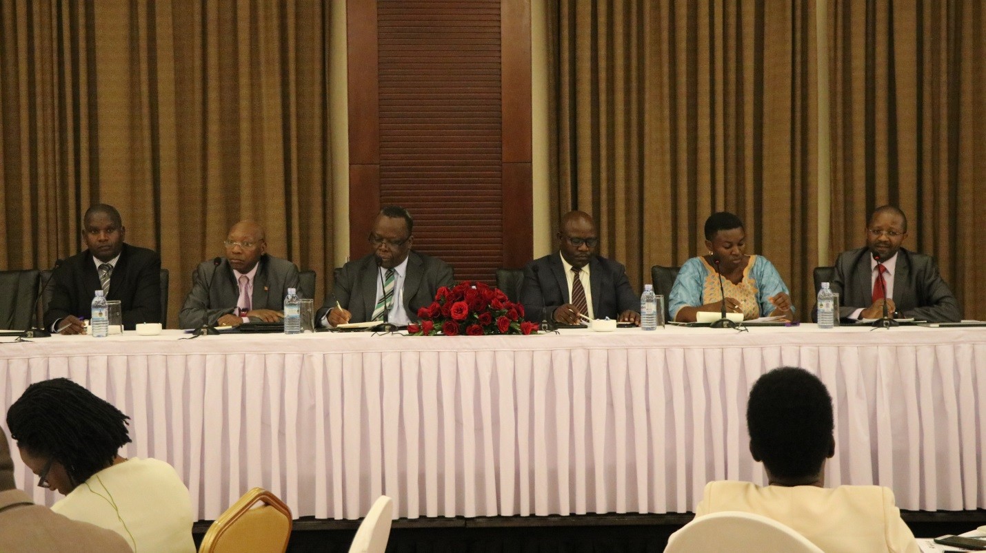 L-R: Dr Placid Mihayo, representing Ministry of Health ;Dr Jotham Musinguzi-Director General, National Population Council; Prof Fred Wabwire-Mangeni-Senior Lecturer at  MakSPH; Patrick Mugirwa, Program Officer at Partners in Population and Development-Africa Regional Office; Hon Justine Khainza, Woman MP, Bududa district; Dr Moses Muwonge, Executive Director-Samasha  Medical Foundation   