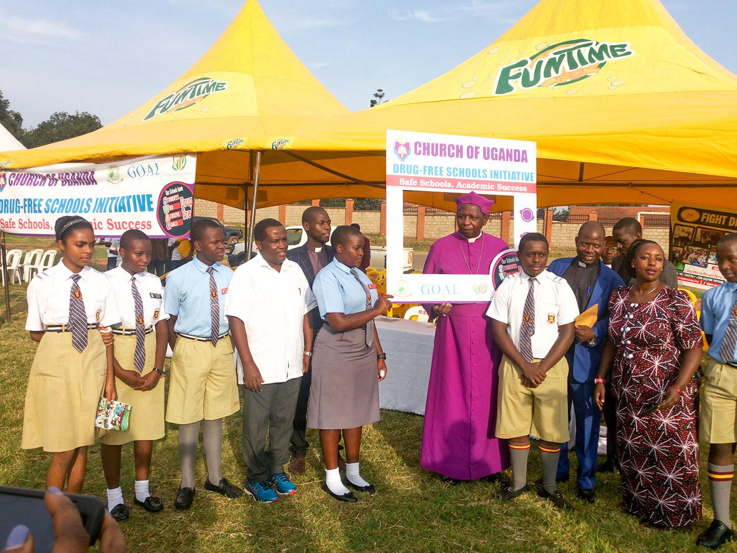 Assoc Prof .Nazarious Tumwesigye  Mbona   (2rd left with Archbishop Church of Uganda- Stanley Ntagali and students  at the launch of  drug free schools initiative at Mengo Senior Secondary School