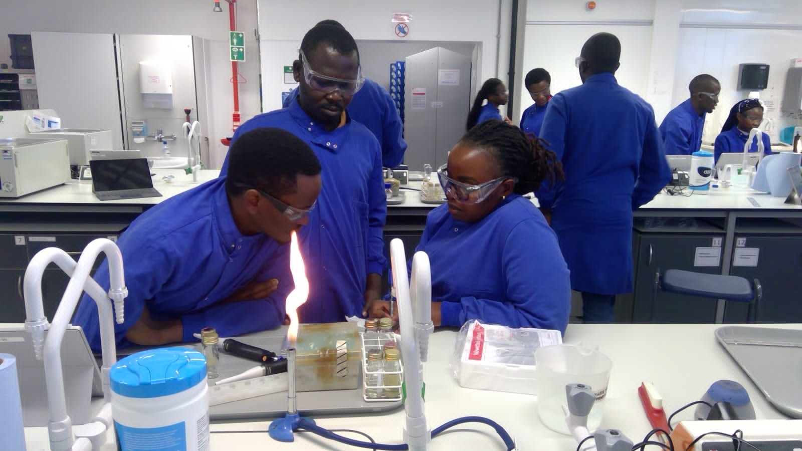Makerere University students appreciating the different equipment while at the at the NTU laboratory.