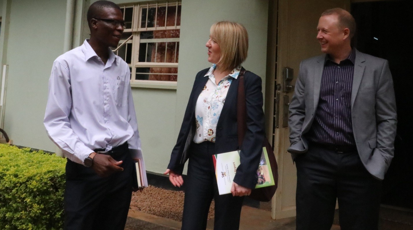 Rawlance Ndejjo (right) a Research Associate at Makerere University School of Public Health shares a light moment with the visiting faculty from Cardiff Metropolitan University. Ndejjo has previously benefitted from the exchange programme with the University under the Erasmus Plus Scheme that is funded by European Union.