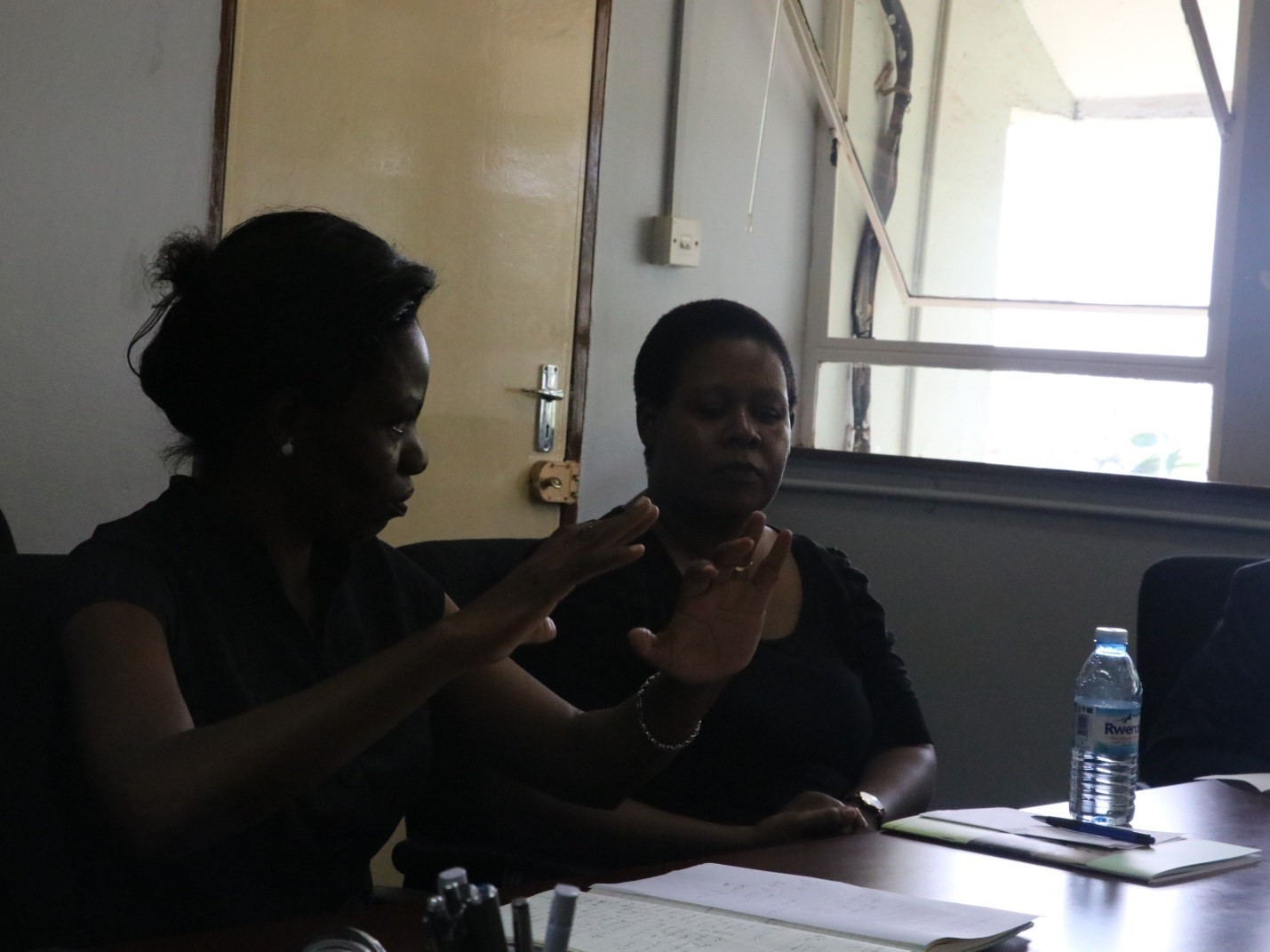 Dr. Esther Buregyeya (right) Chair of Department of Disease Control and Environmental Health speaking during the meeting. Looking on is Ruth Mubeezi, a beneficiary of the MakSPH-Cardiff Met partnership.