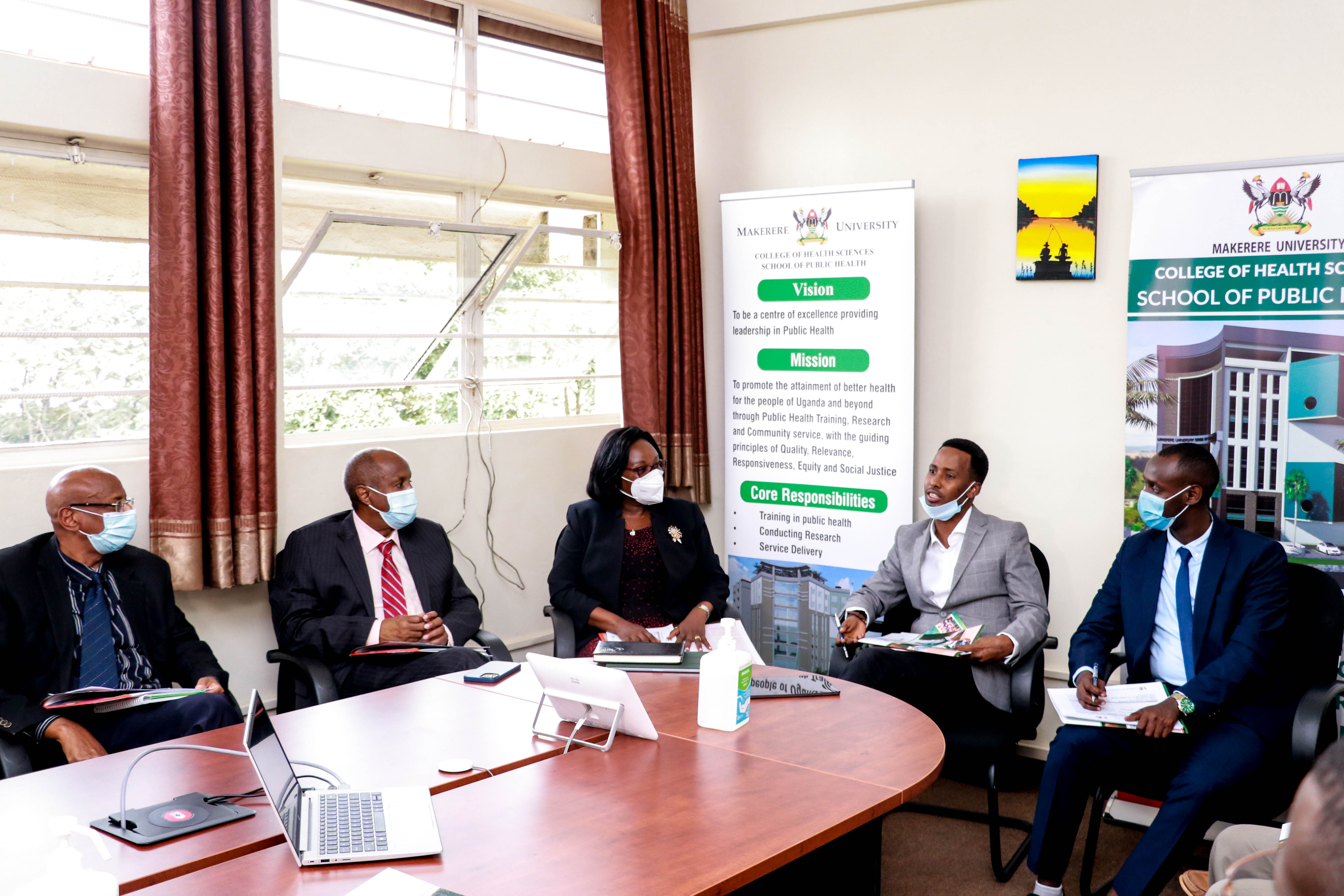 L-R: Dr. Mohamed Gedi Qayad, Dean Faculty of Health Science & Tropical Medicine, Prof. Hassan Omar Mahadalle Rector Of Somalia National University (SNU), Dr. Rhoda Wanyenze, Professor and Dean MakSPH and Mr.Abdulwahab M. Salad, Director School of Public Health & Research (SNU) and Ismail Abdullahi Ibrahim Director of Social & Student Affairs Office at New Mulago Complex, home of MakSPH 
