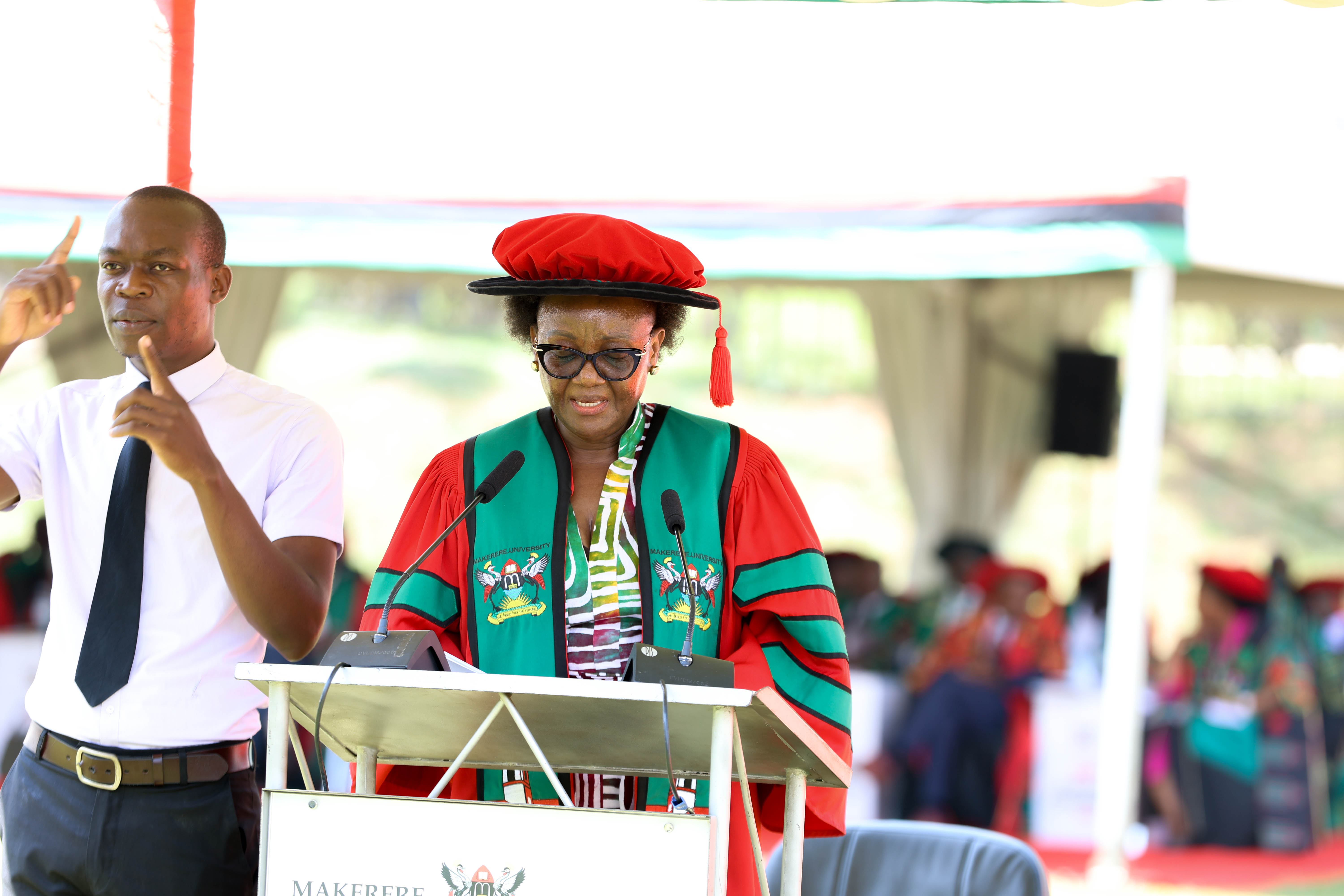  MakSPH Dean, Prof. Rhoda Wanyenze, presenting candidates for the conferment of degrees at Makerere University's Freedom Square during the 75th graduation ceremony on February 14, 2025.