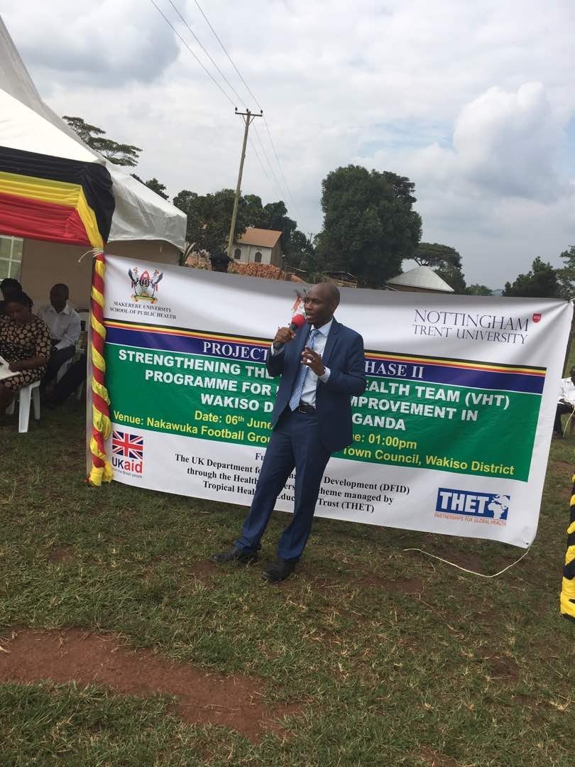Figure 1Dr David Musoke speaking at the launch of the second phase of the Community Health Workers' Project that supports the work of VHTs at Nakawuka Football Ground in Wakiso District.