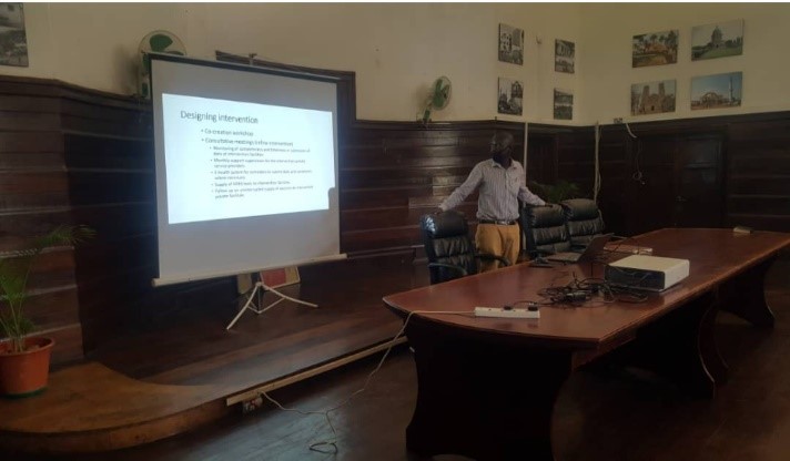 Eric Ssegujja a research fellow in the Department of Health Policy Planning and Management at MakSPH, and the study coordinator presenting the intervention package to the participants