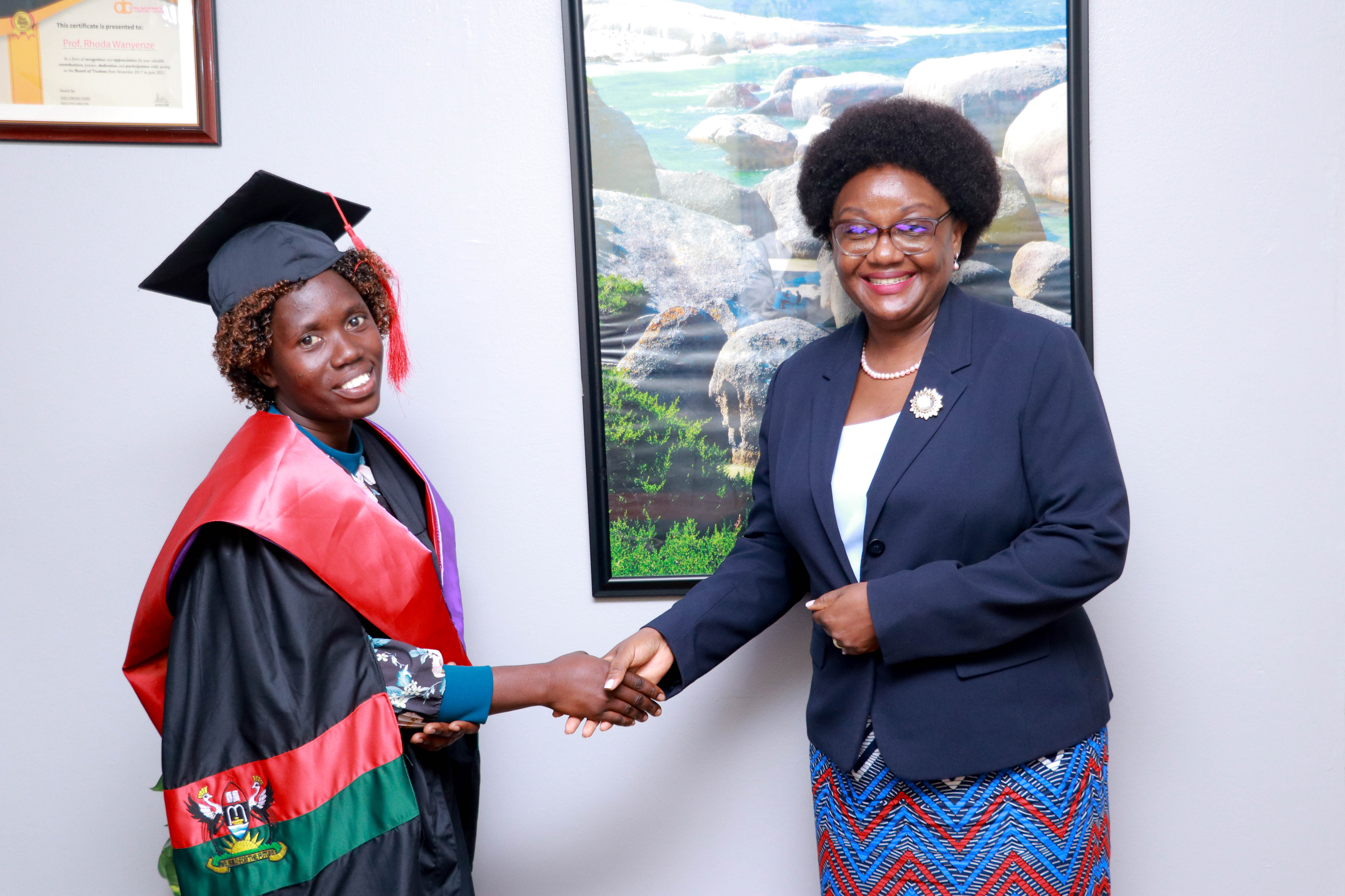 Dr. Rhoda Wanyenze, MBChB, MPH, PhD, is a Professor and Dean of Makerere University School of Public Health (MakSPH) congrates Ms. Audo Tabitha