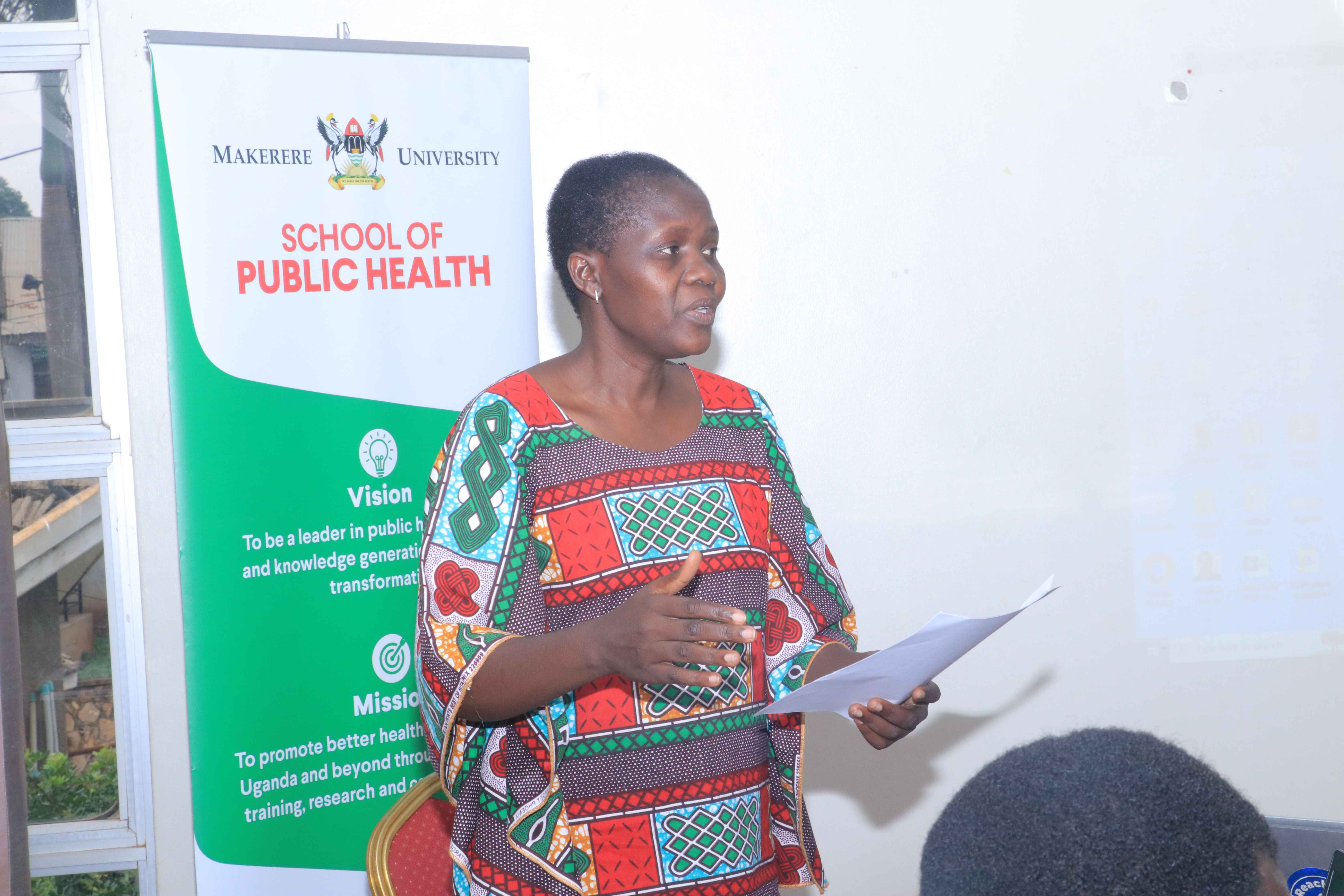 Dr. Dinah Amongin, a health scientist and lecturer at MakSPH, who served as the Principal Investigator of the innovation documentation study speaks during the ceremony.