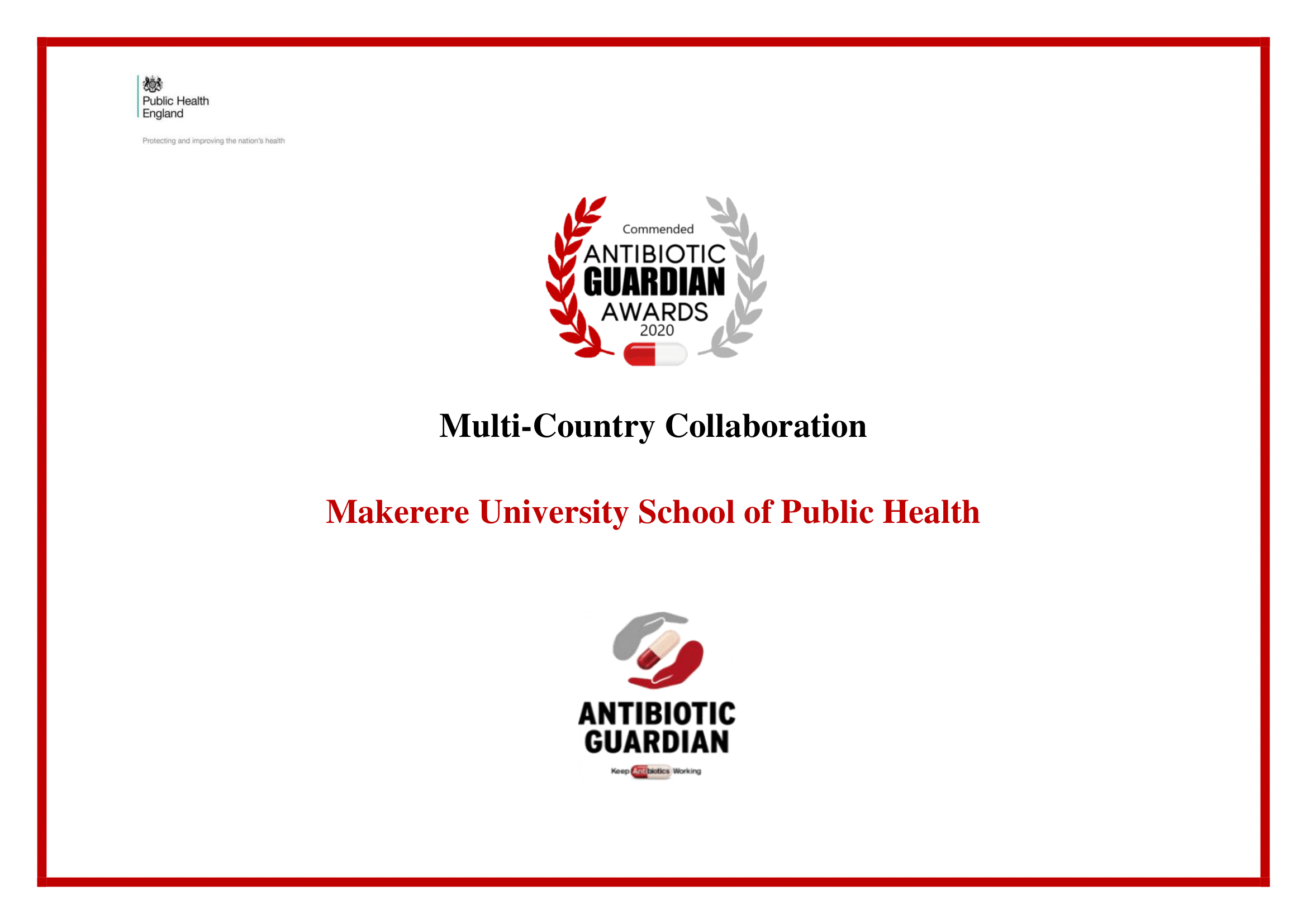 Multi-Country Collaboration certificate commending MakSHP for its role in supporting Antimicrobial Stewardship in Uganda in 