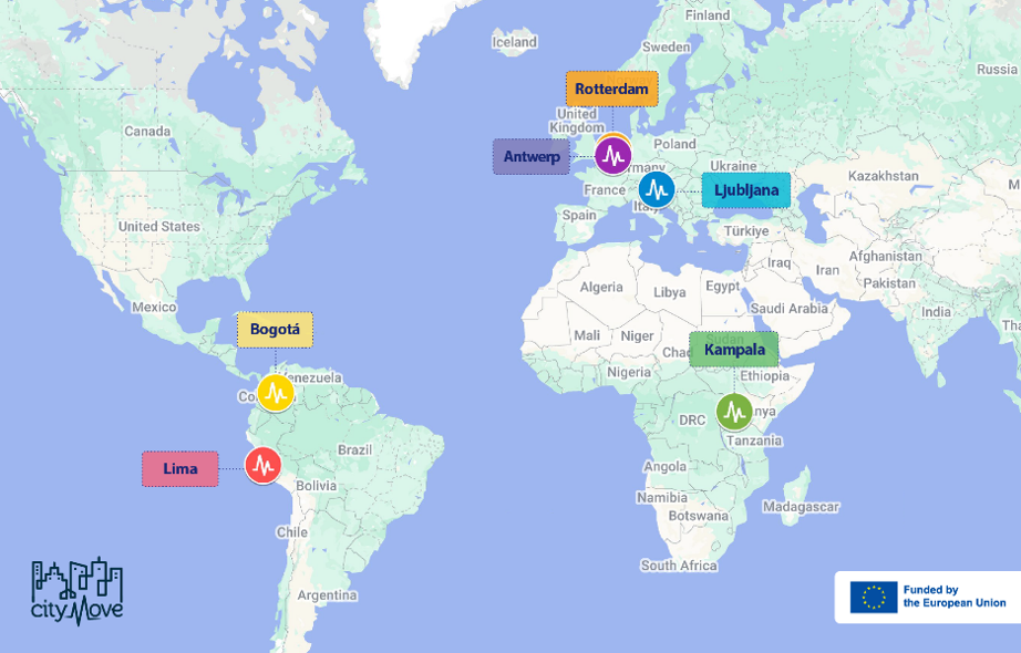 A map of City-Move project implementing cities around the globe. 