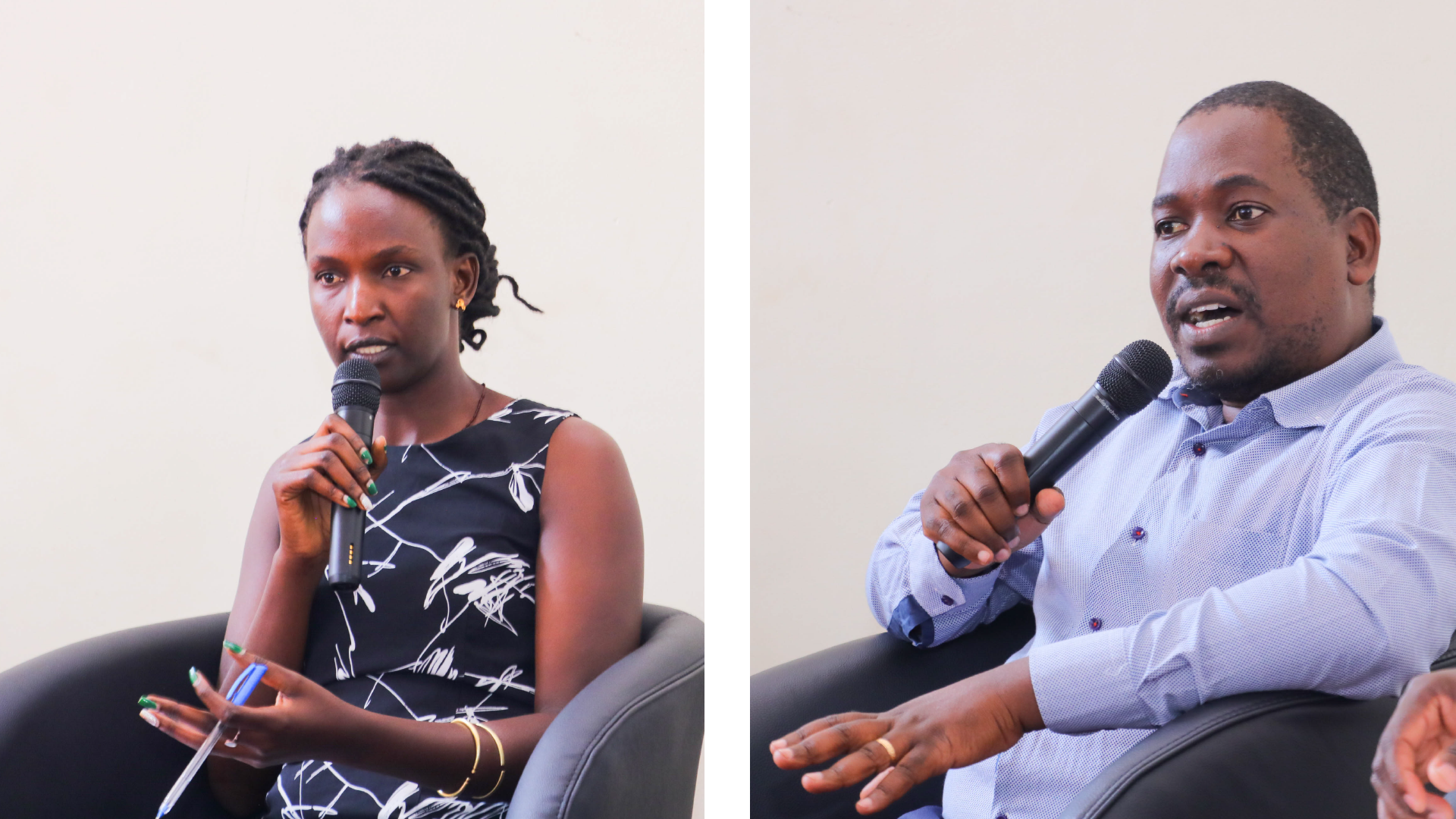 Mr. Tonny Kawuki, the Principal Specialist in Statistics at the Directorate of Value for Money and Specialized Audits, Office of the Auditor General (OAG) and Ms. Fiona Auma, the Monitoring and Evaluation Officer at the Petroleum Authority of Uganda (PAU) submit in a panel discussion during the training