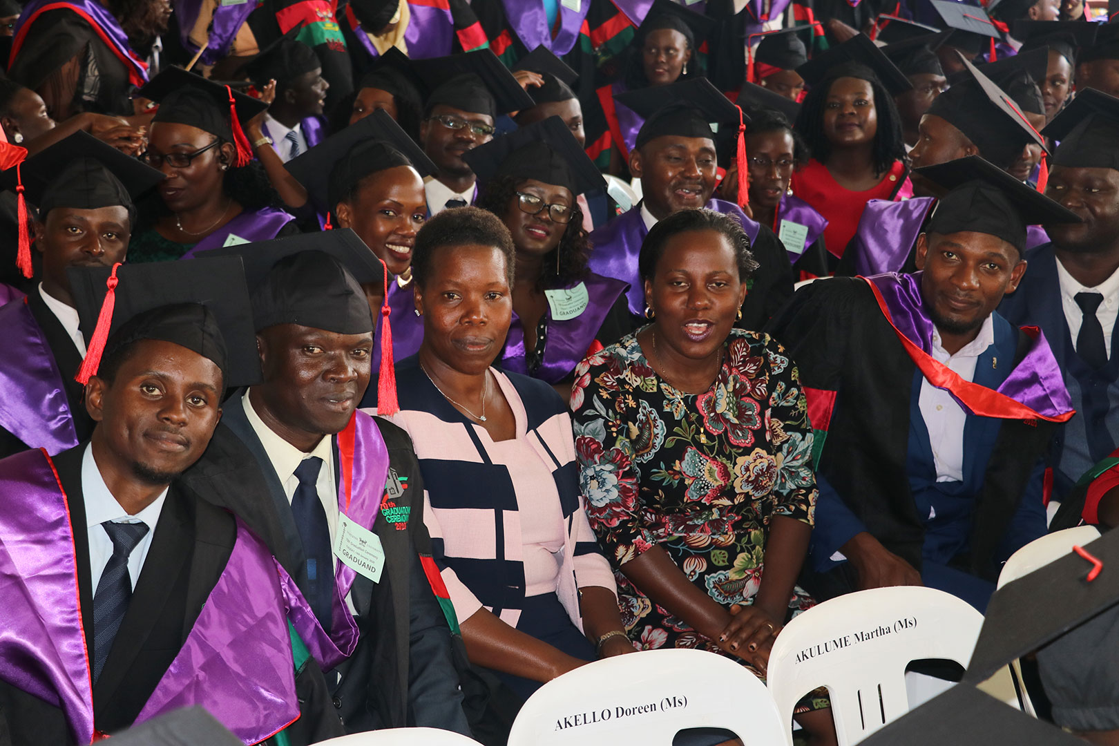 Above: Doreen Tuhebwe and Gladys Khamili (the School’s academic registrar) celebrate with Masters’ students at the graduation""